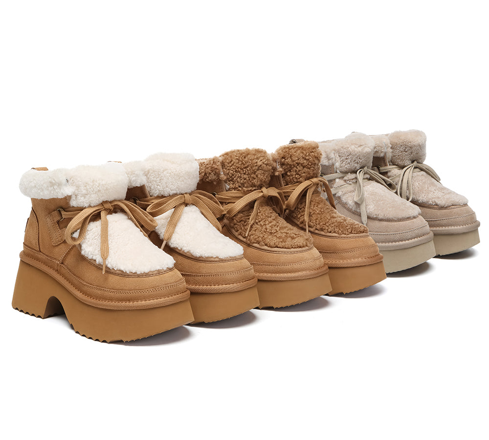 AUSTRALIAN SHEPHERD® UGG Boots Women Sheepskin Wool Lace Up Chunky Platform Bumpy