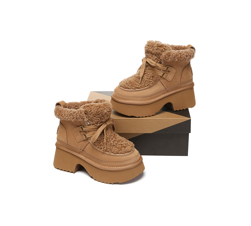 AUSTRALIAN SHEPHERD® UGG Boots Women Sheepskin Wool Lace Up Chunky Platform Bumpy