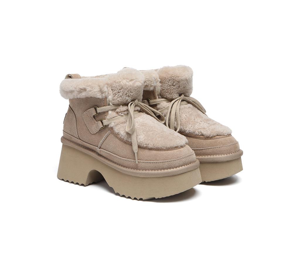 AUSTRALIAN SHEPHERD® UGG Boots Women Sheepskin Wool Lace Up Chunky Platform Bumpy