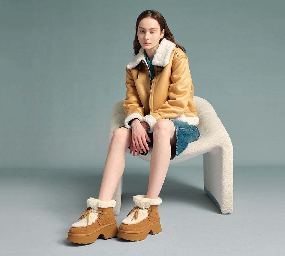 AUSTRALIAN SHEPHERD® UGG Boots Women Sheepskin Wool Lace Up Chunky Platform Bumpy