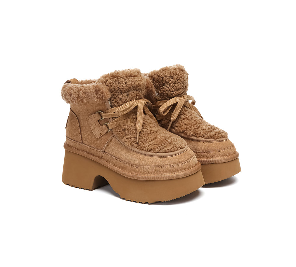 AUSTRALIAN SHEPHERD® UGG Boots Women Sheepskin Wool Lace Up Chunky Platform Bumpy
