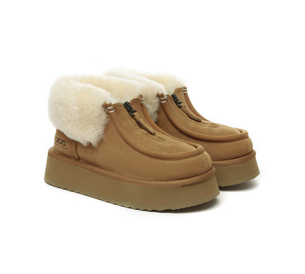AUSTRALIAN SHEPHERD® UGG Boots Sheepskin Wool Collar Zipper Platform Ankle Boots