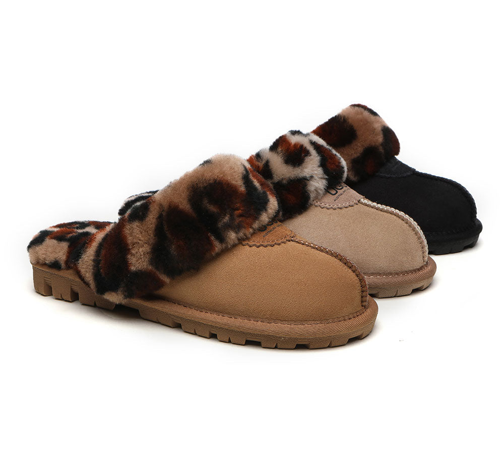AUSTRALIAN SHEPHERD® UGG Slippers Women Double Face Sheepskin Wool Leopard Print