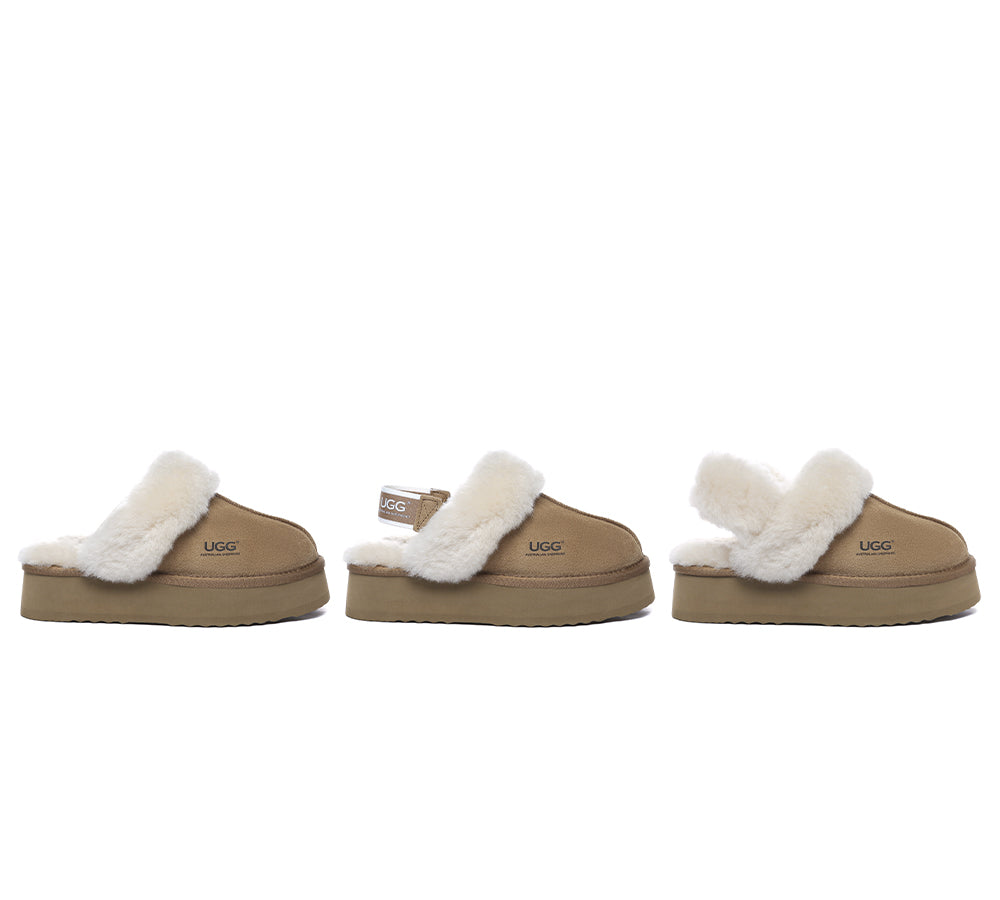 AUSTRALIAN SHEPHERD® 3-Way Style UGG Slippers Women Removable Wool Strap Slingback Platform Musa