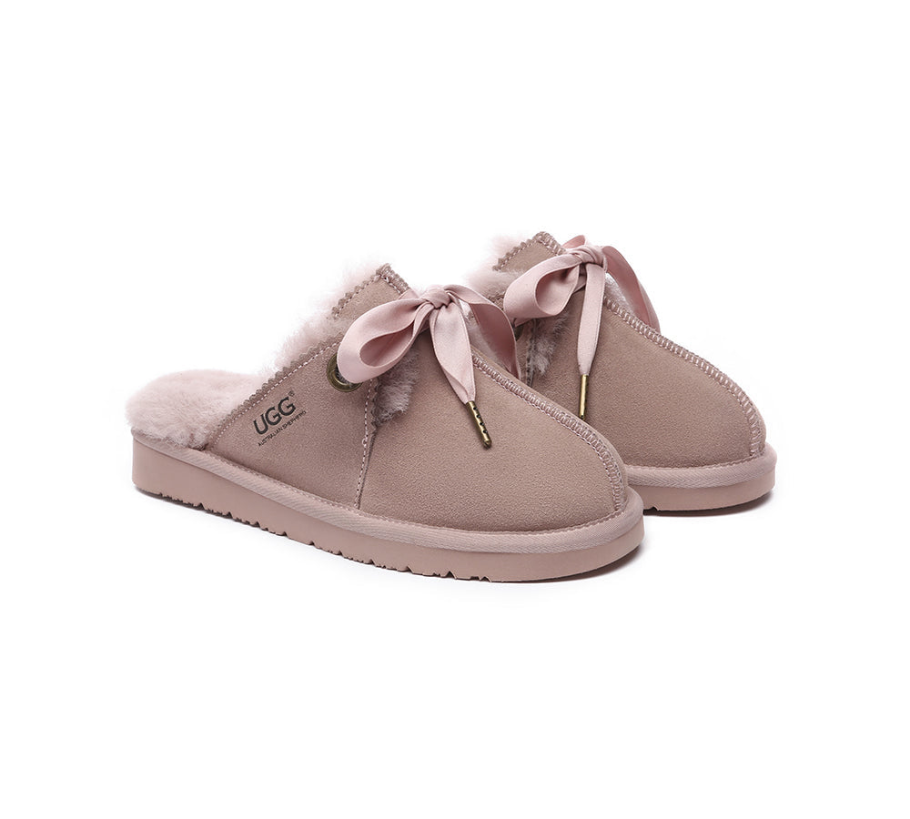 AUSTRALIAN SHEPHERD® UGG Slippers Women Sheepskin Wool Adjustable Ribbon Bow Ruby