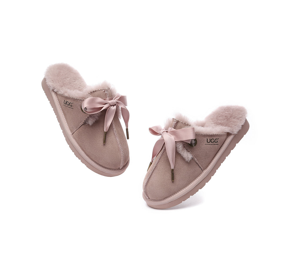 AUSTRALIAN SHEPHERD® UGG Slippers Women Sheepskin Wool Adjustable Ribbon Bow Ruby
