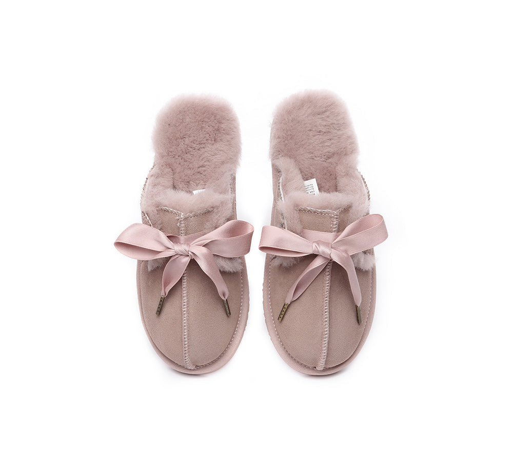 AUSTRALIAN SHEPHERD® UGG Slippers Women Sheepskin Wool Adjustable Ribbon Bow Ruby