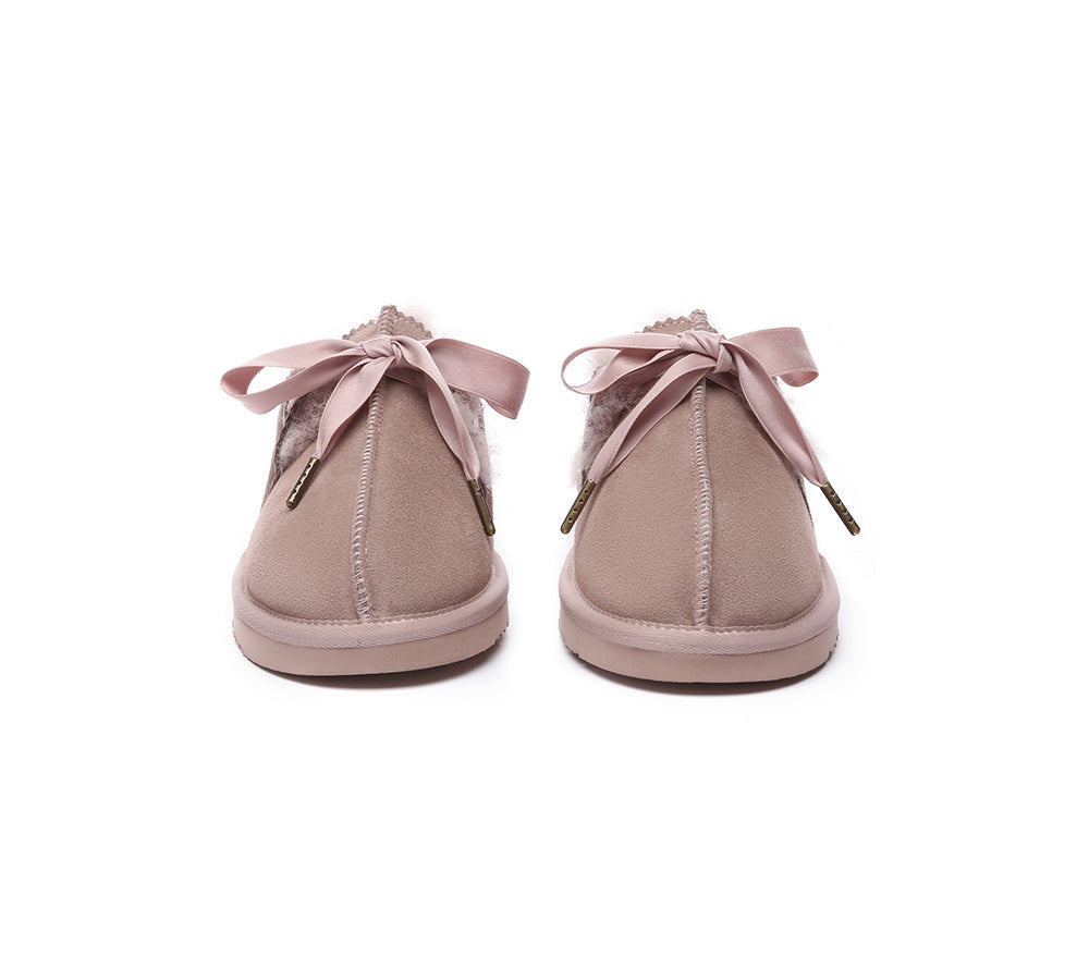 AUSTRALIAN SHEPHERD® UGG Slippers Women Sheepskin Wool Adjustable Ribbon Bow Ruby