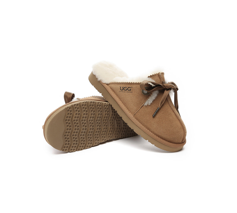 AUSTRALIAN SHEPHERD® UGG Slippers Women Sheepskin Wool Adjustable Ribbon Bow Ruby