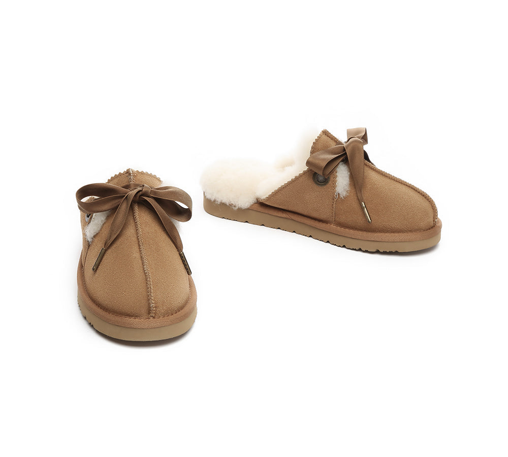 AUSTRALIAN SHEPHERD® UGG Slippers Women Sheepskin Wool Adjustable Ribbon Bow Ruby