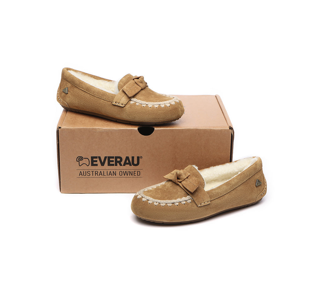 EVERAU® UGG Slippers Women Sheepskin Wool Bow Ankle Woven Moccasins