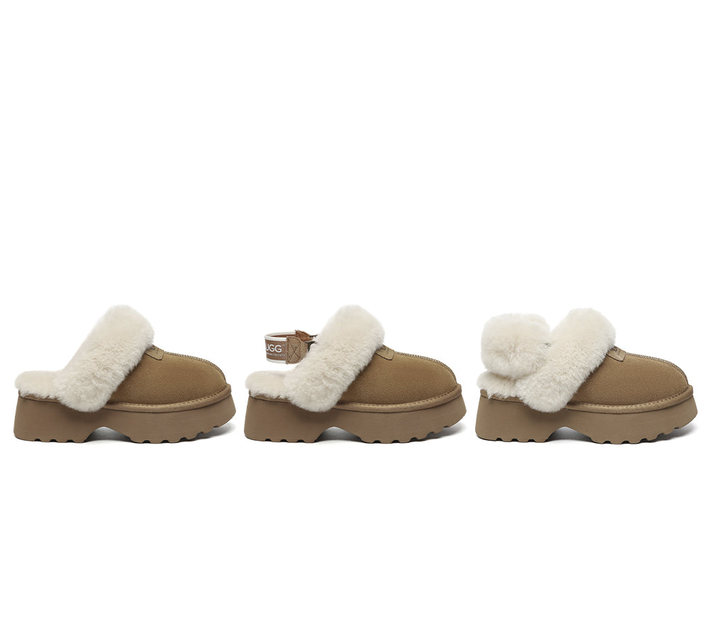 AUSTRALIAN SHEPHERD® 3-Way Style UGG Slippers Women Removable Wool Strap Slingback Chunky Platform Muna