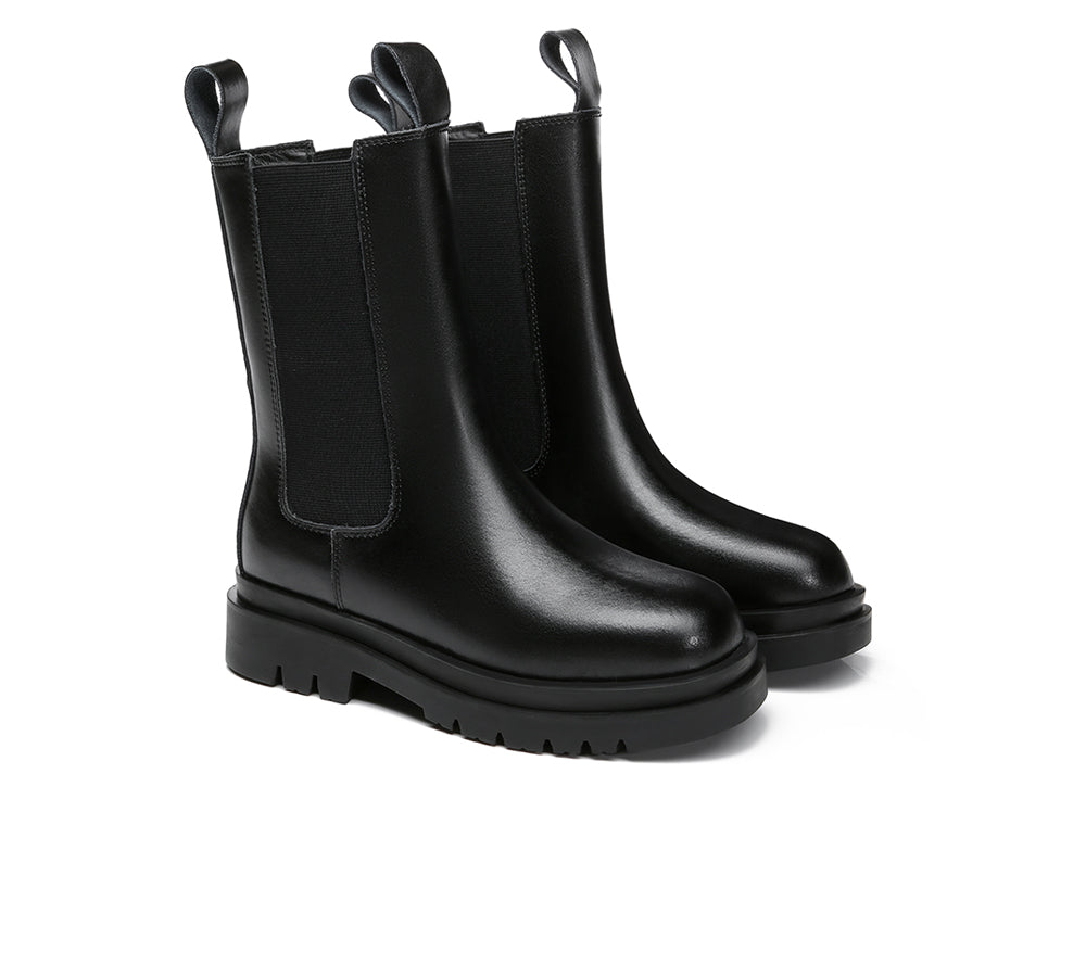 TARRAMARRA® Women Leather Sheepskin Wool Block Heel Black Boots Sherlyn