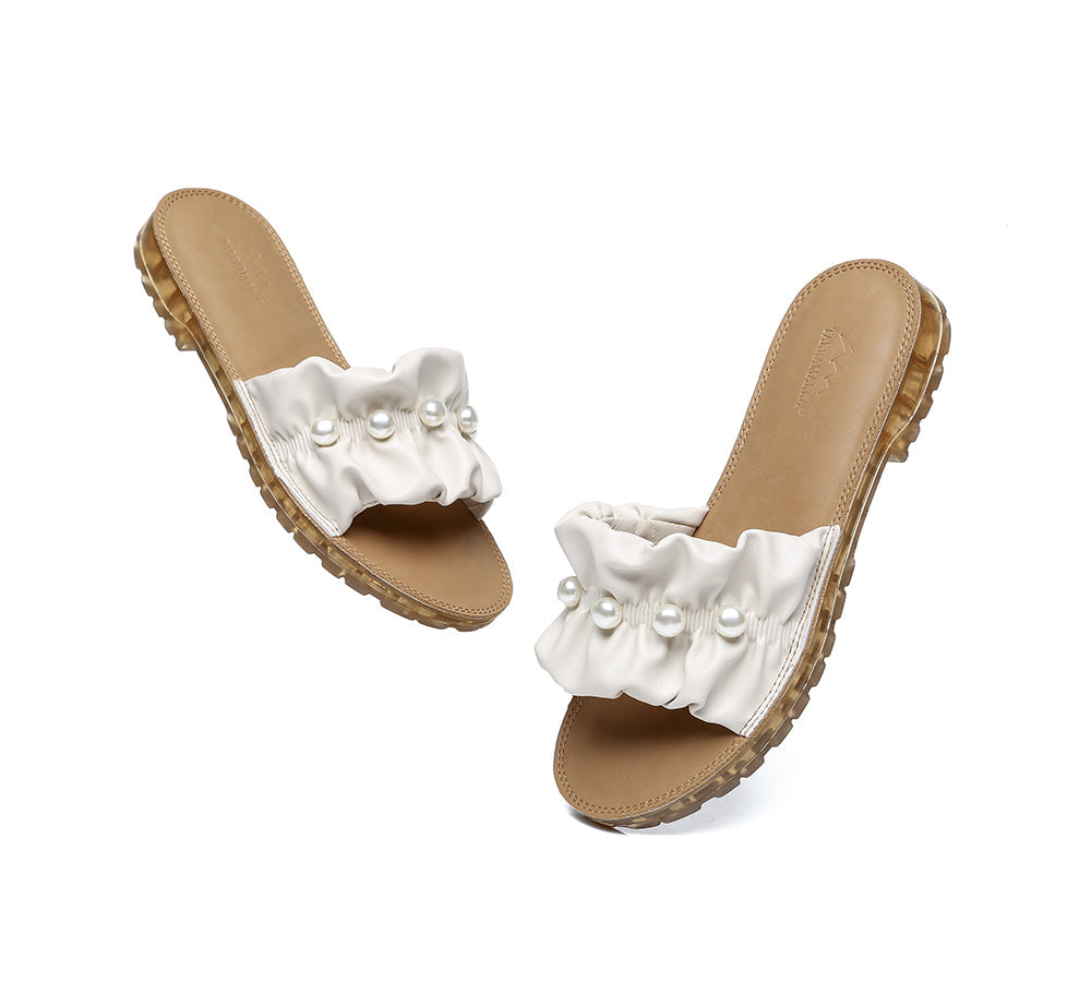 TARRAMARRA® Women Leather Pearls Ultra Soft Flat Slides Linita