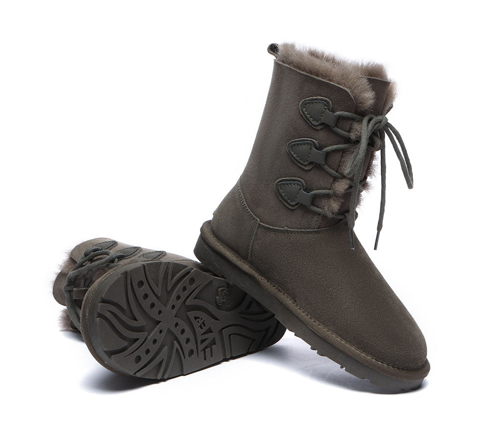 EVERAU® UGG Boots Women Sheepskin Wool Lace Up Tall Stark
