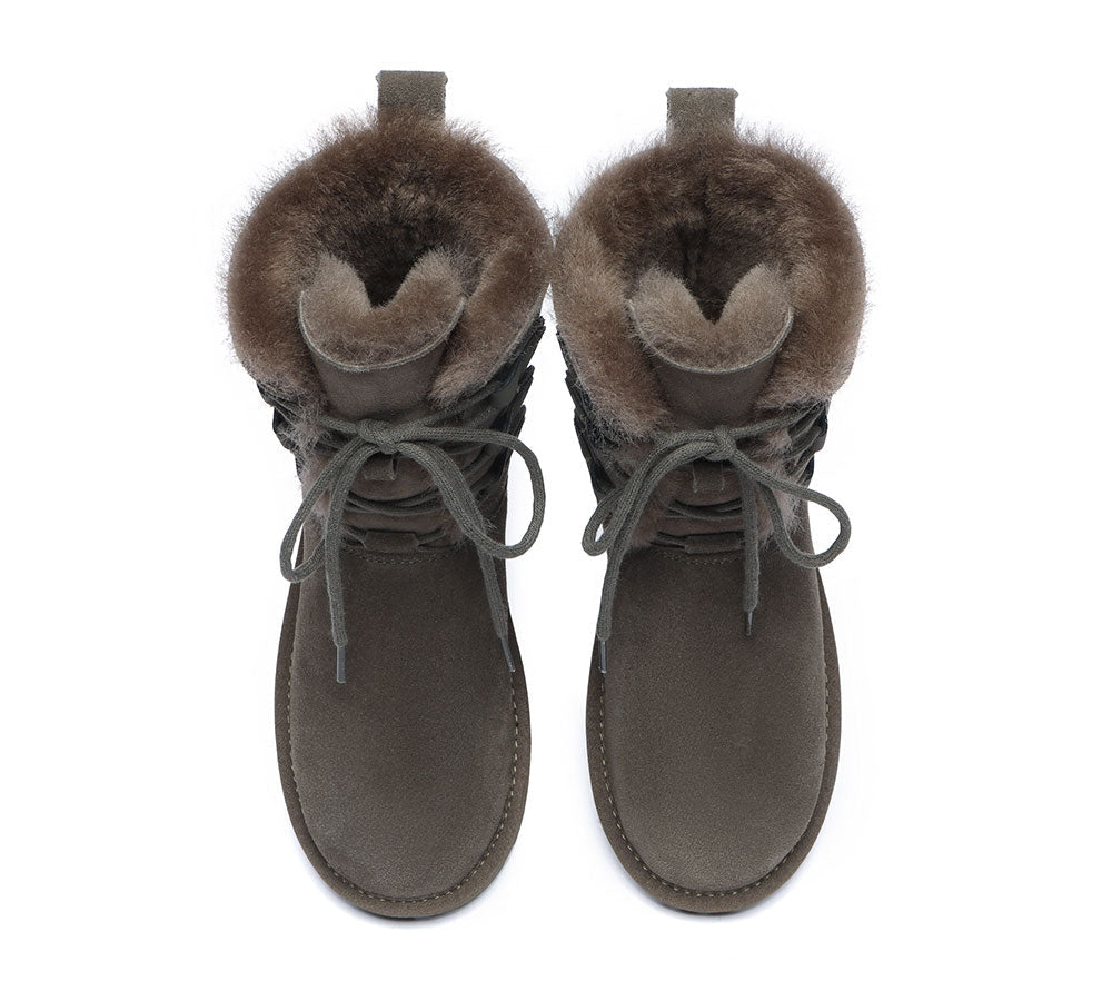 EVERAU® UGG Boots Women Sheepskin Wool Lace Up Tall Stark
