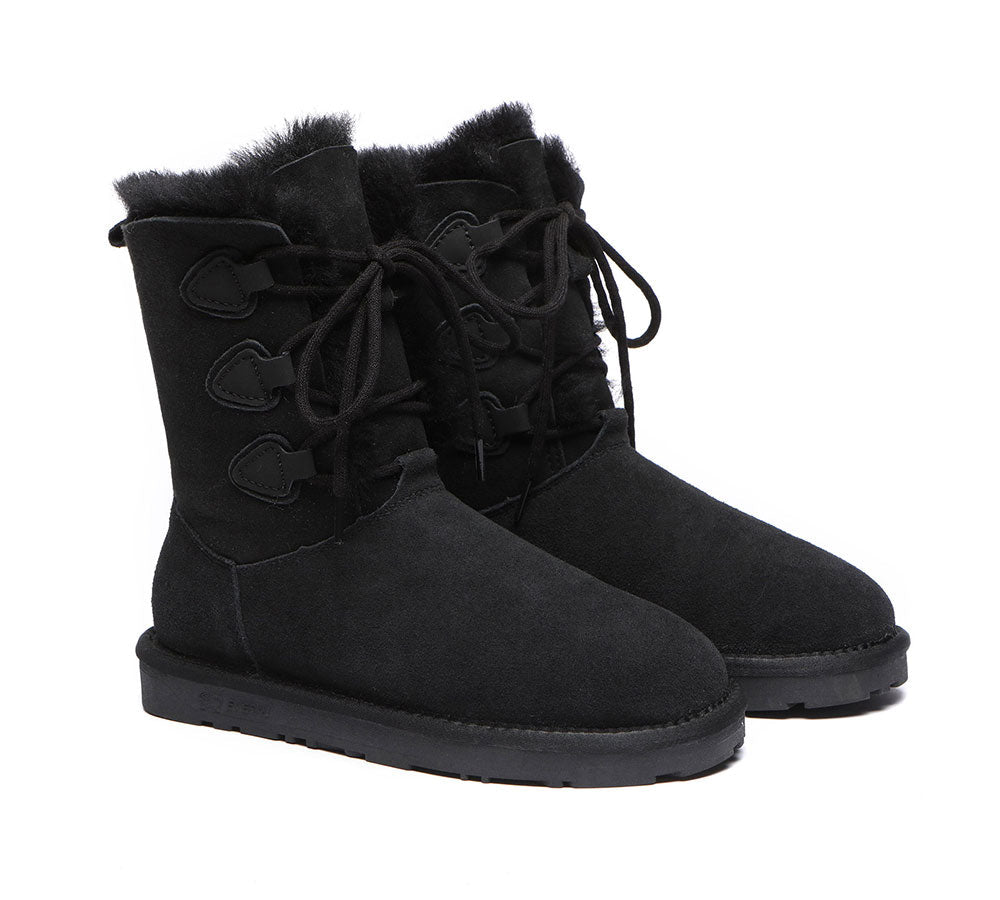 EVERAU® UGG Boots Women Sheepskin Wool Lace Up Tall Stark