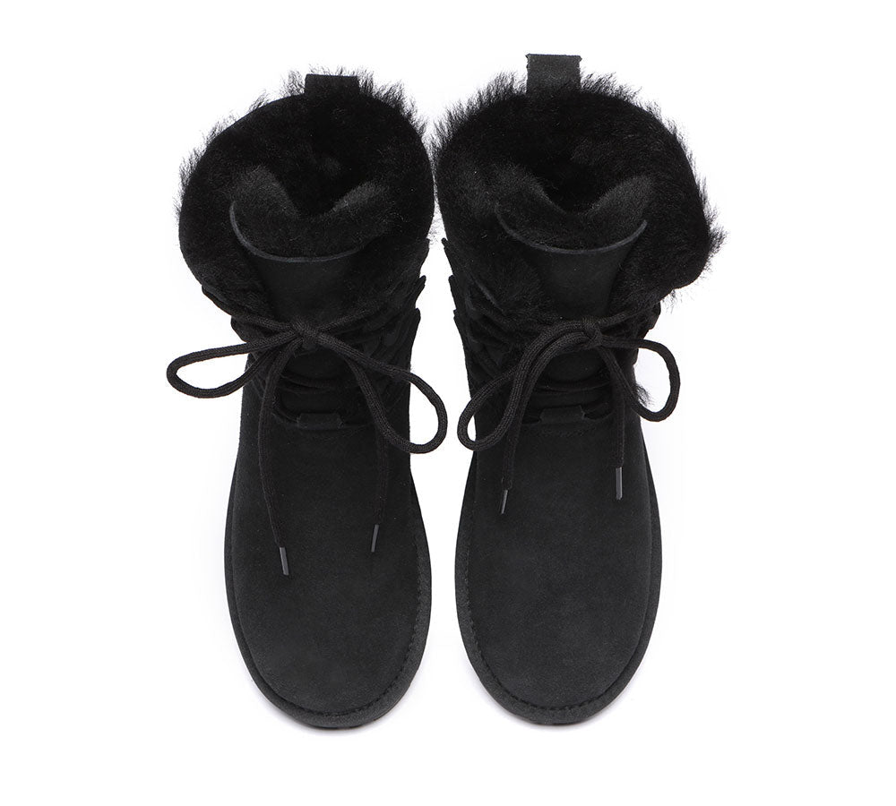 EVERAU® UGG Boots Women Sheepskin Wool Lace Up Tall Stark