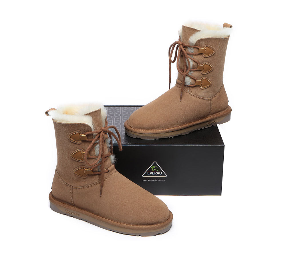 EVERAU® UGG Boots Women Sheepskin Wool Lace Up Tall Stark
