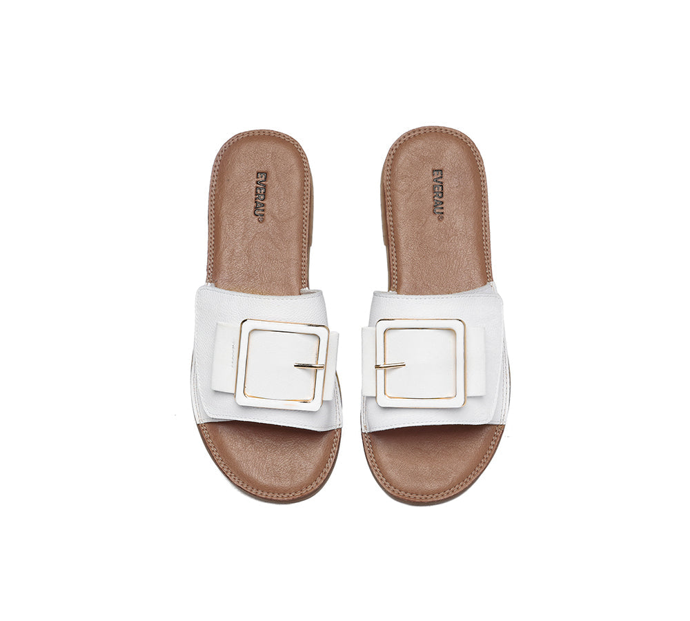 EVERAU® Women Leather Buckle Adjustable Ultra Soft Flat Slides Bera