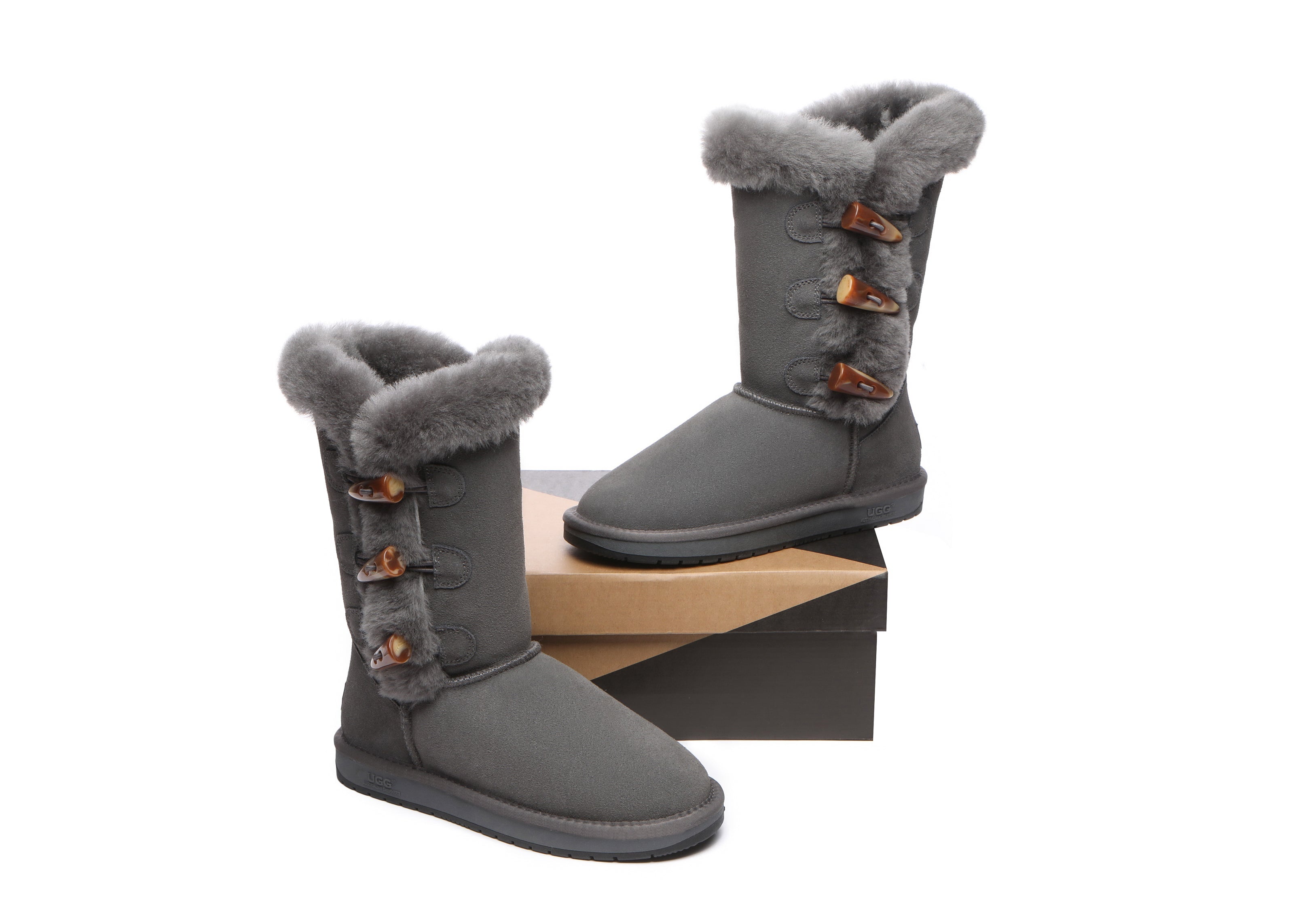 AUSTRALIAN SHEPHERD® UGG Boots Women Sheepskin Wool Horn Toggle Closure Tall Tamari