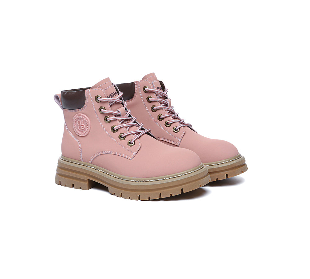 EVERAU® Women Leather Lace Up Chunky Boots Stephanie