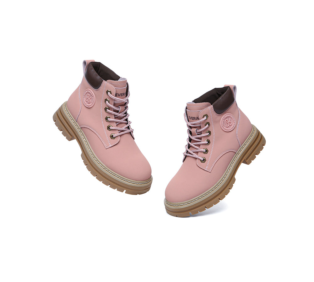 EVERAU® Women Leather Lace Up Chunky Boots Stephanie