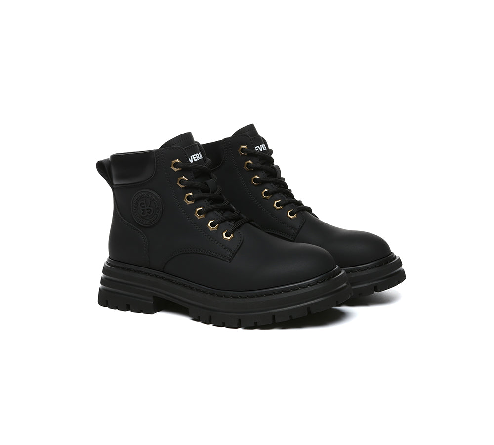 EVERAU® Women Leather Lace Up Chunky Boots Stephanie