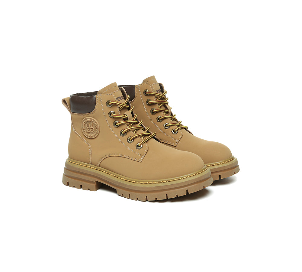 EVERAU® Women Leather Lace Up Chunky Boots Stephanie