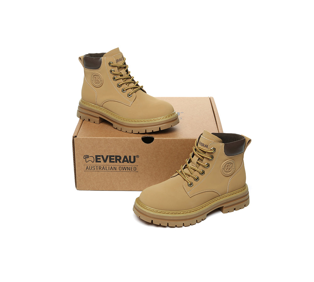 EVERAU® Women Leather Lace Up Chunky Boots Stephanie