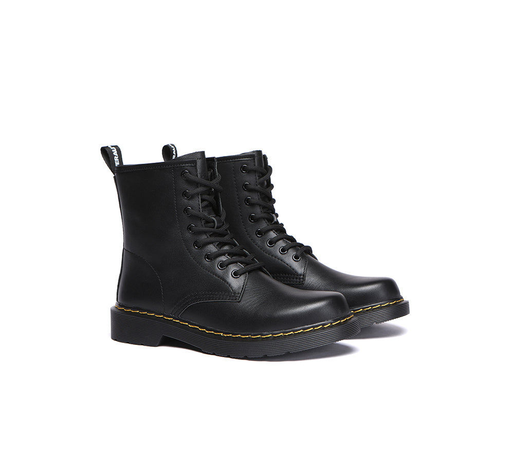 EVERAU® Women Leather Lace Up Black Chunky Boots Simona