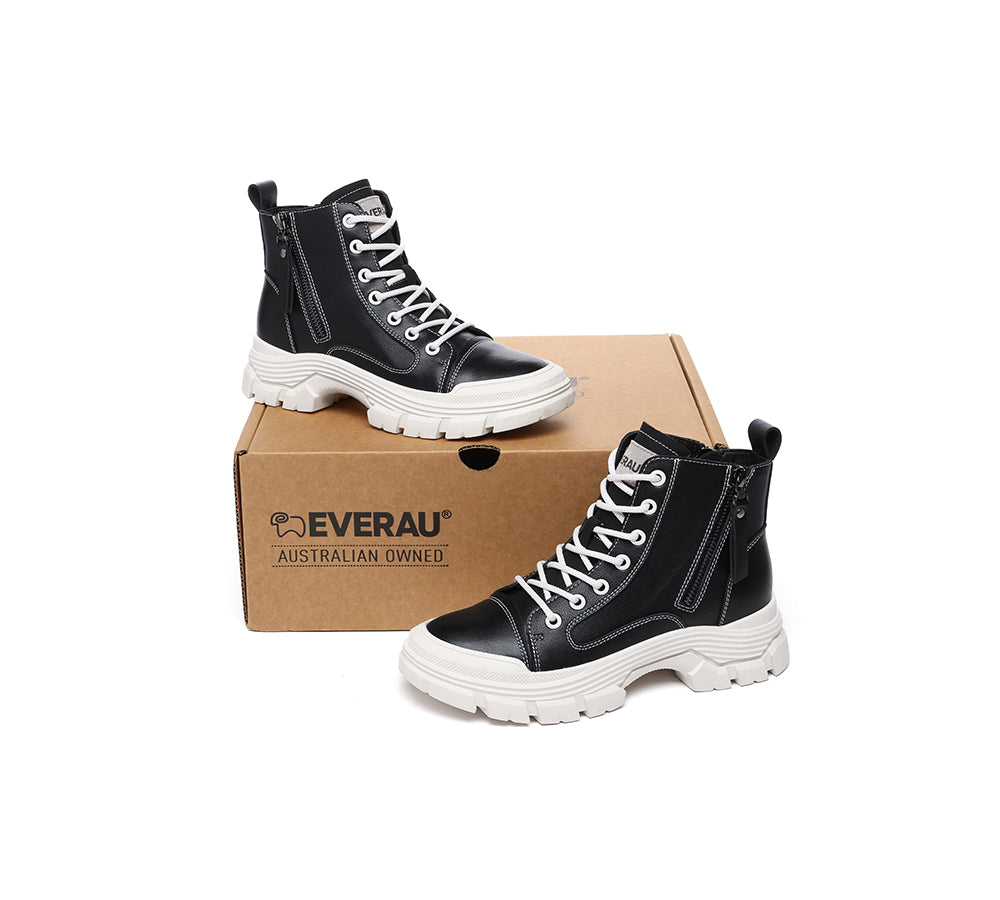 EVERAU® Women Leather Lace Up Zipper Chunky Boots Lorrin