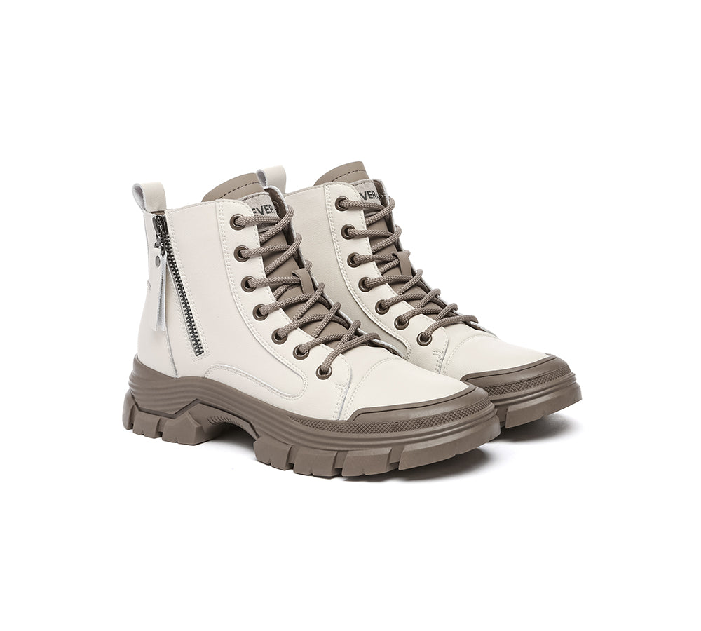 EVERAU® Women Leather Lace Up Zipper Chunky Boots Lorrin