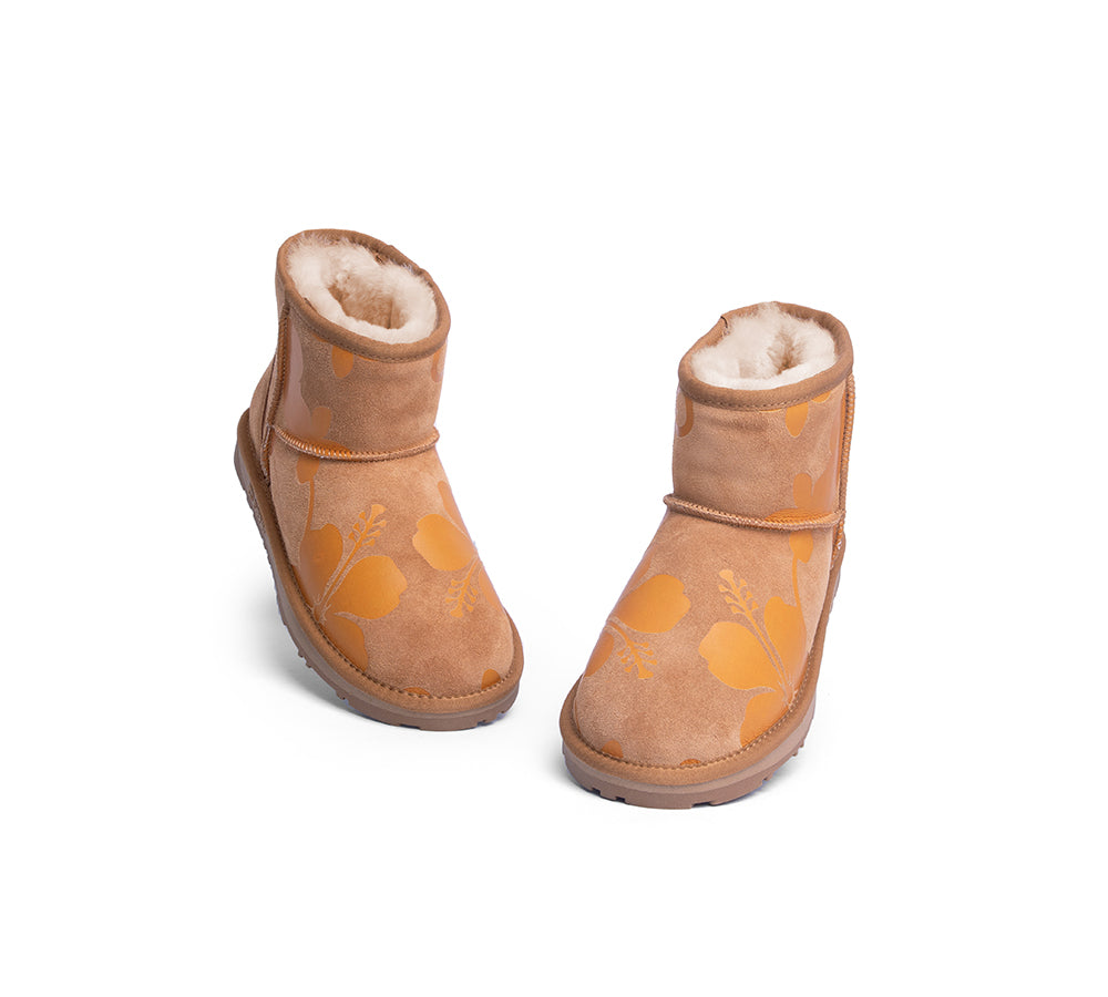 EVERAU® UGG Boots Sheepskin Wool Yellow Floral Print Mini Classic Suede EU40