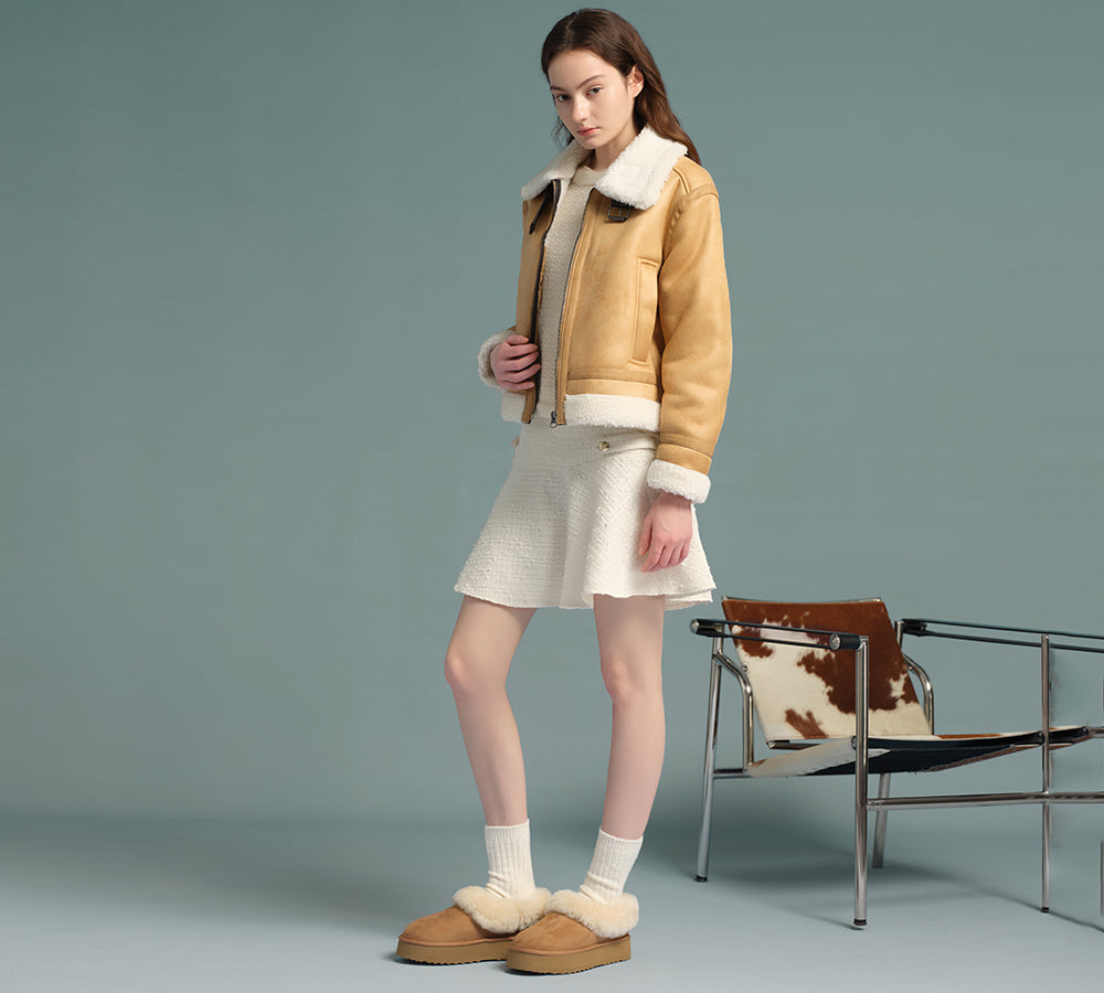 AUSTRALIAN SHEPHERD® UGG Slippers Women Sheepskin Wool Collar Ankle Platform Clarrie